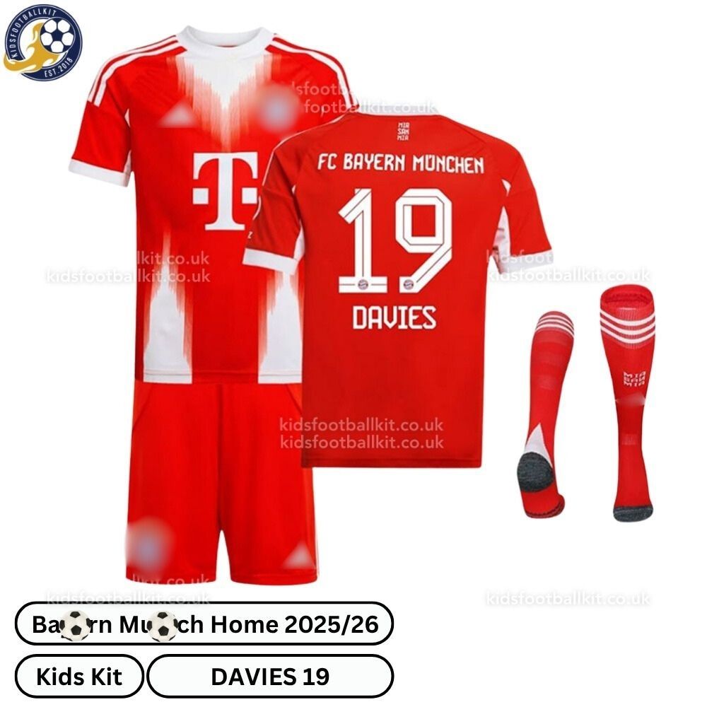 Bay^_^rn Home Kids Football Kit 2025/26 – DAVIES 19 (With Socks)